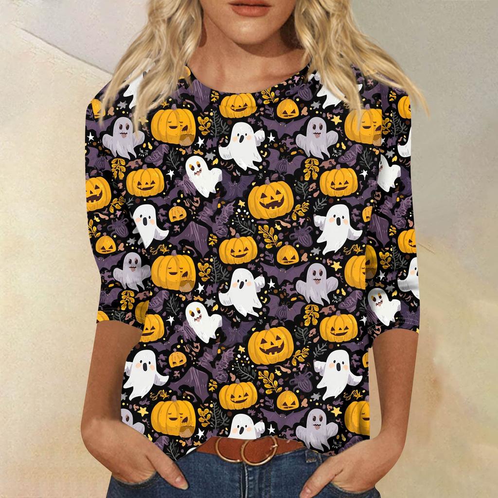 Modieuze casual damestop met driekwartmouwen en Halloweenprint, ronde hals.