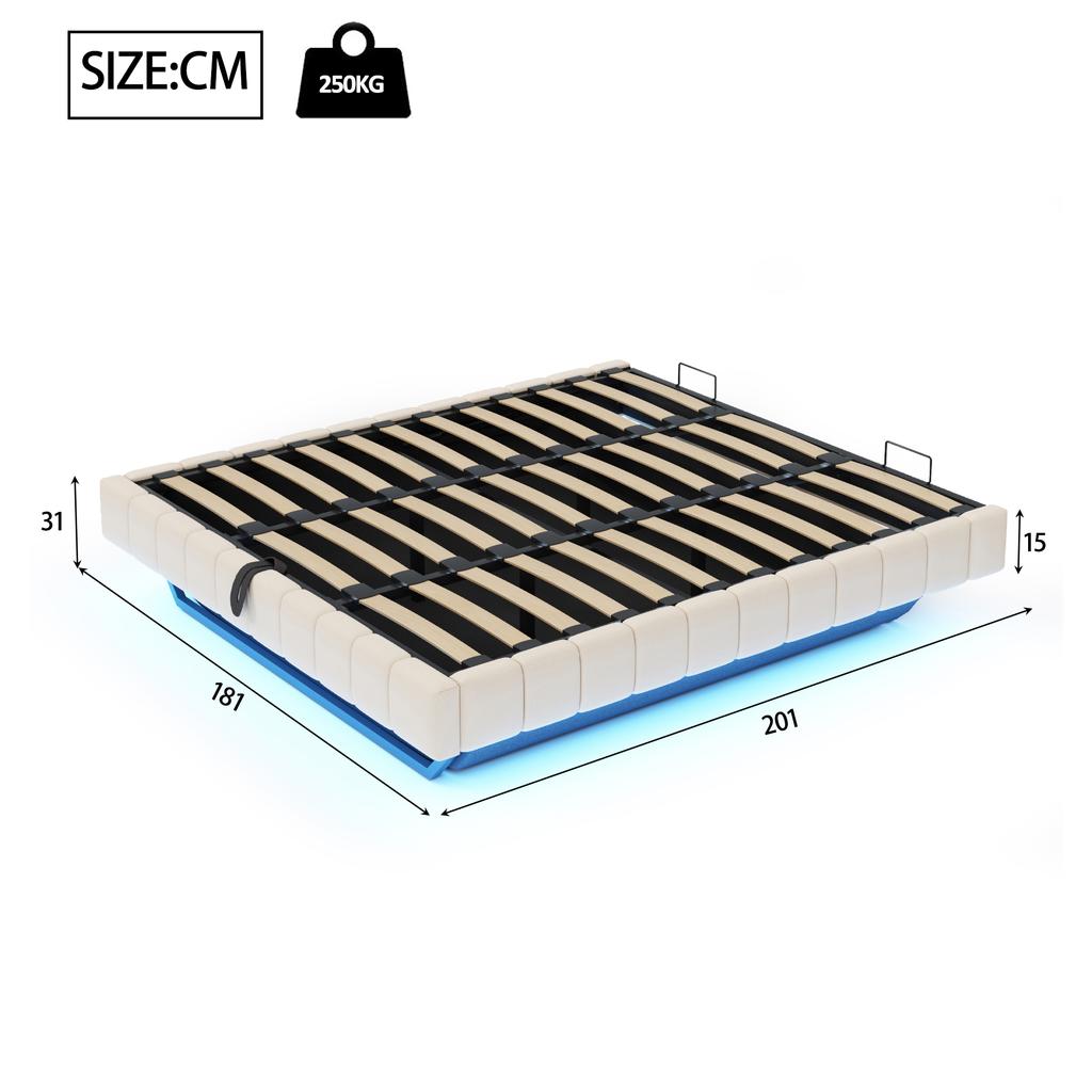 Cama Tapizada 180x200 cm, Estructura de Cama Flotante Hidráulica con Espacio de Almacenamiento, Cama Multifuncional sin Cabecero con Luz LED, Lino Beige