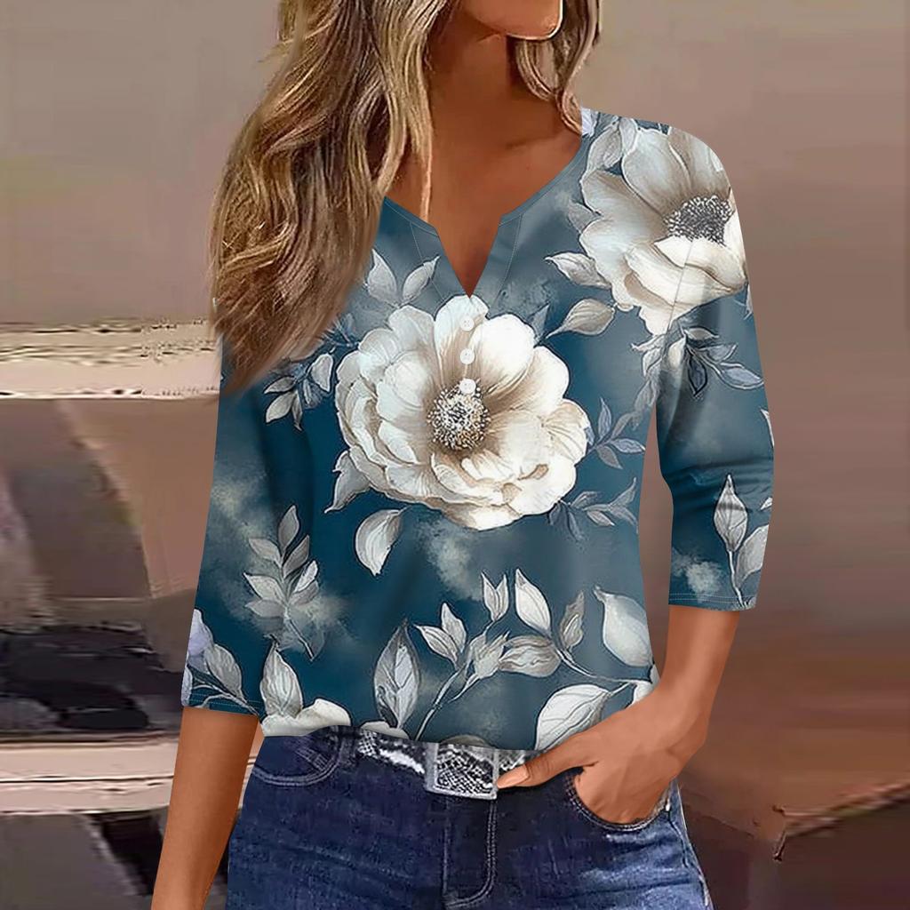 Damenmode Lässiges T-Shirt mit Blumendruck, V-Ausschnitt, dekorativen Knöpfen und Dreiviertelärmeln