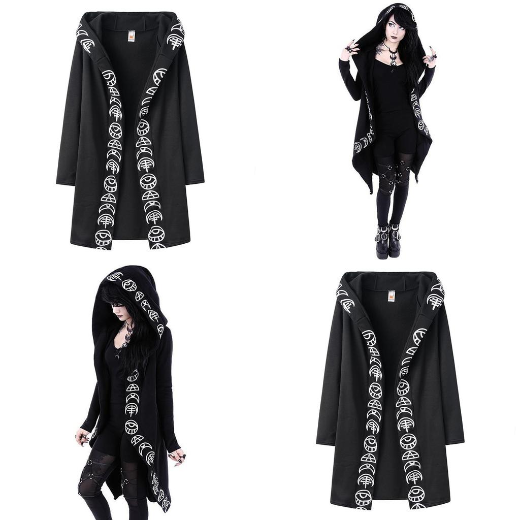 Gothic Women Moon Printed Cardigan Long Sleeve Hooded Coat Black Fashion Top For Casual Wear