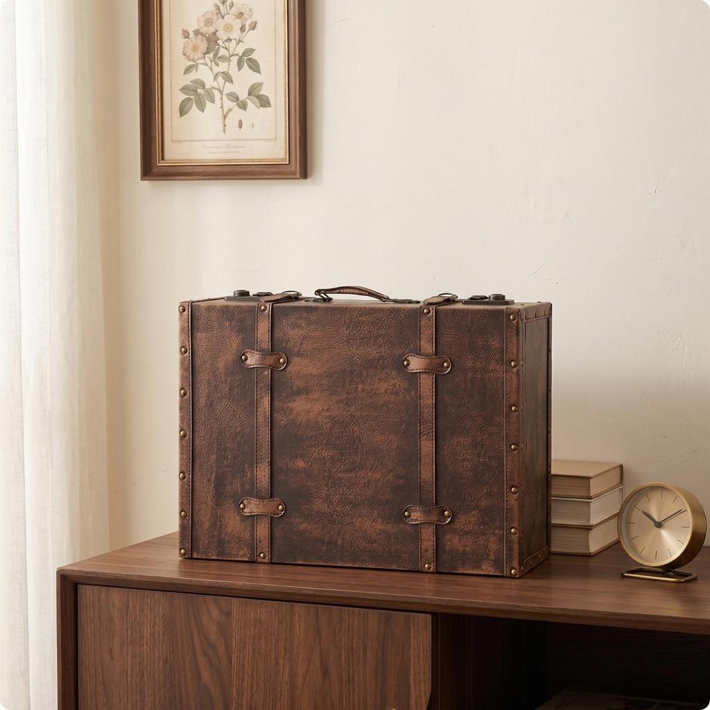 Vintage Trunk-Shaped Storage Box Leather-Like Finish Suitcase-Style