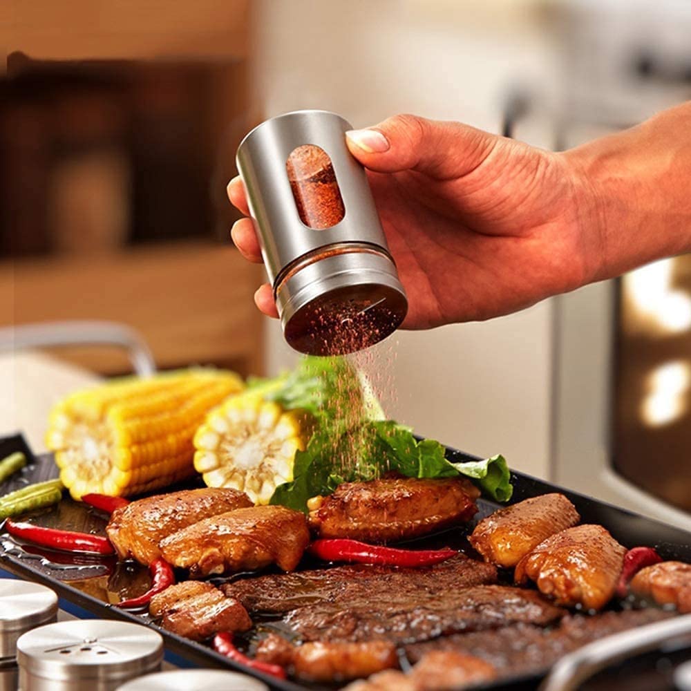 Morningplace Stainless Steel Seasoning Tins, Seasoning Jar Set with Salt, Pepper, and Sugar Shakers, Perfect for the Kitchen (Set of 6)