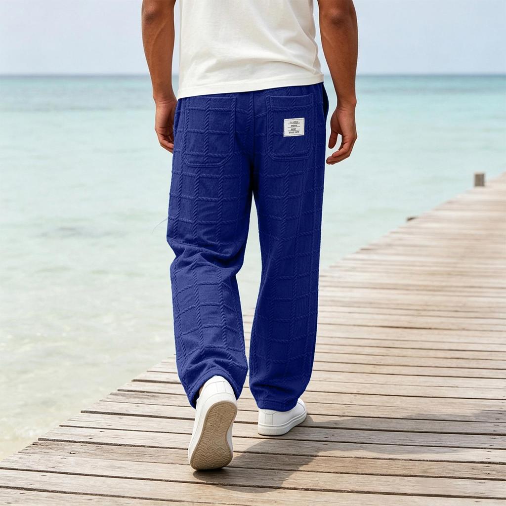 Men's Loose Straight Wide-Leg Casual Pants with Plaid Pattern, Plus Size