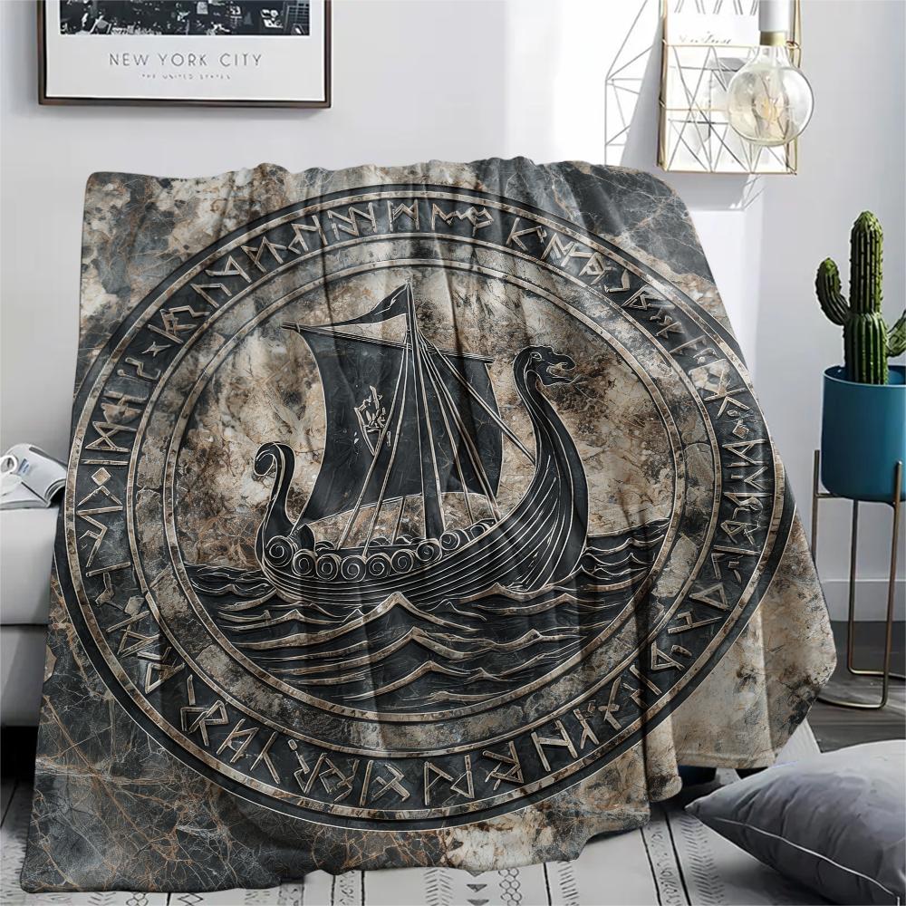 Viking Raven and Warship,pattern Flannel Blanket, High Quality Comfortable for All Seasons, Home Decor, Warmth and Comfort, Perfect for Gifts.