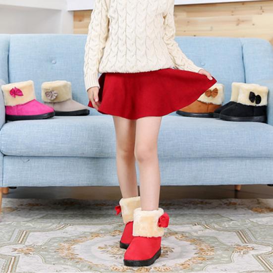Girls Cute Bowknot Solid Color Winter Warm Snow Ankle Boots Slip On Flat Shoes