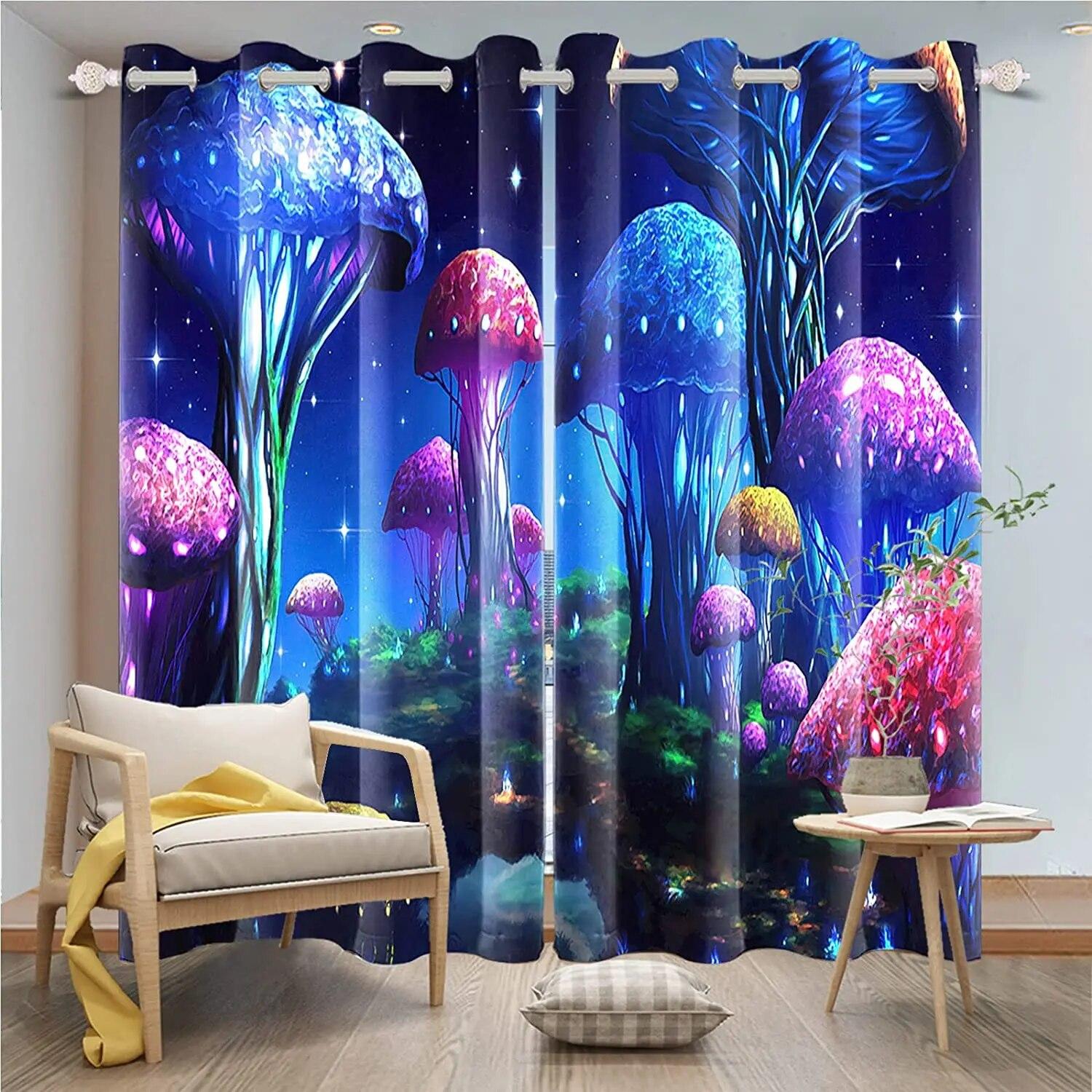 

Занавеска с рисунком гриба для детей, декор для спальни для мальчиков и девочек, психоделические ботанические акварельные занавески для окон W50xH130(CM)x2PCS-Rod pocket