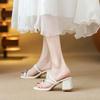 Rhinestone set of toe slippers for women to wear summer new versatile thick heel thin strap square head word with cool slippers