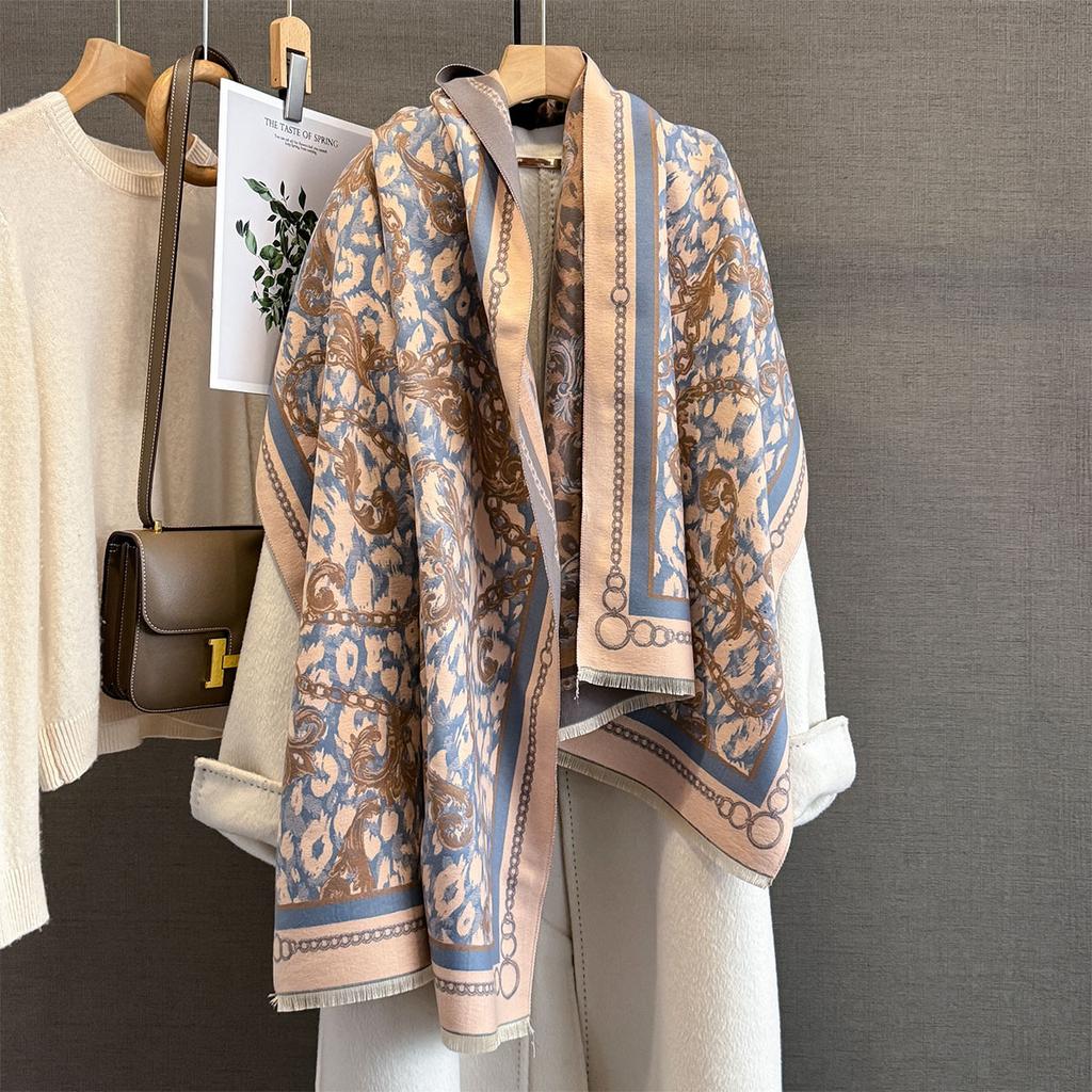 Autumn Versatile Leopard Print Chain New Imitation Cashmere Jacquard Scarf Women's Thickened Warm Scarf with Cape Long Scarf
