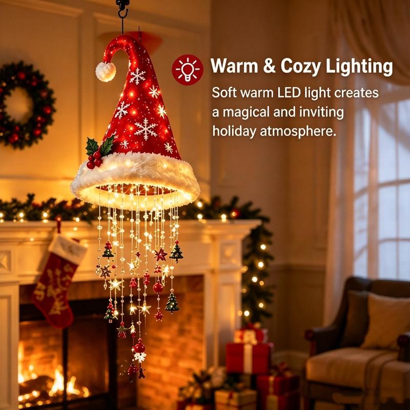 Led Santa Hat Hanging Light Christmas Hat Pendant Lamp With Tassel Bell Star Ornaments Xmas New Year Party Decoration Light