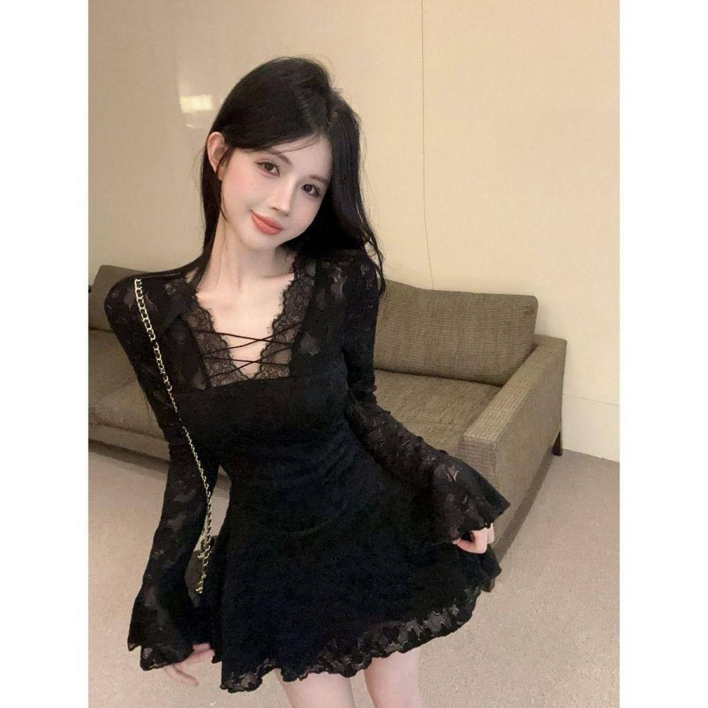 Elegant Lace Long Sleeve Dress With V Neck And Sheer Cutouts For Spring Fashion