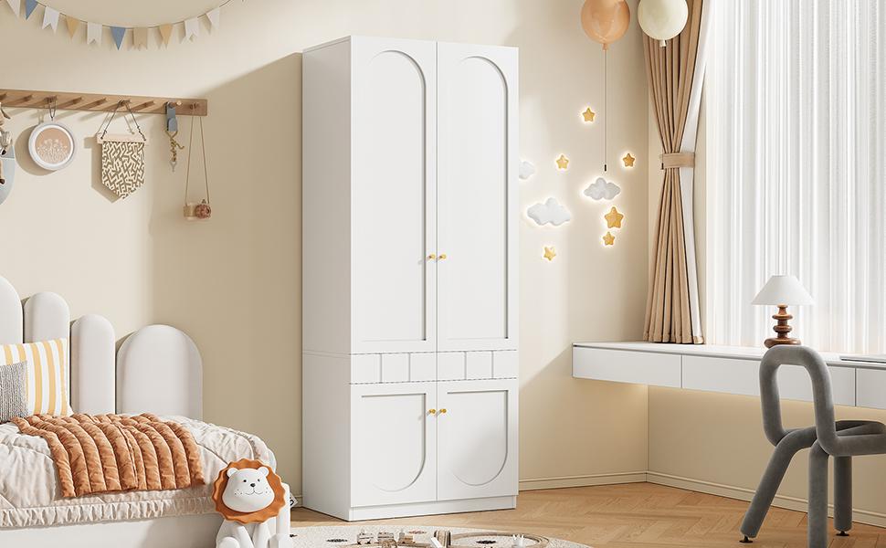 2-Door Wardrobe, Lacquered Wardrobe, Wardrobe with Clothes Rail and Drawers, Bedroom Furniture, Metal Handles, White, 80×50×200 cm