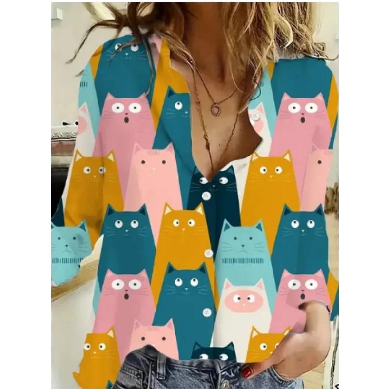 Autumn Women Clothing Cute Animal Prints Shirt Tops Cartoon Cat Pattern Personalized Street Long Sleeve Fashion Women's Blouses