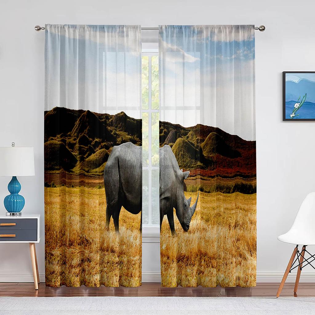 Wildtier Nashorn Grau Schwarz Tüll Vorhänge für Wohnzimmer Schlafzimmer Dekoration Transparent Chiffon Transparent Voile Fenstervorhang