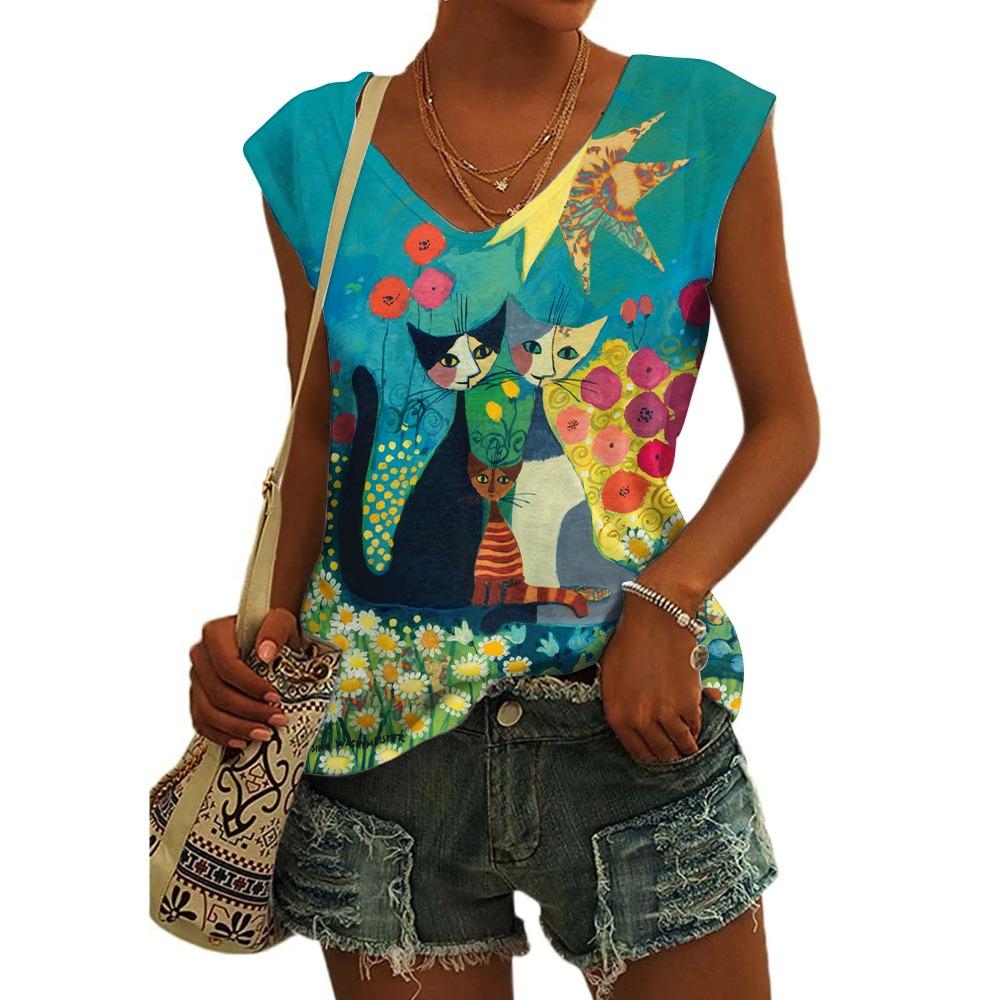 Women's Sleeveless T-shirts 3d Abstract Cat Print Vest Loose V-Neck T-shirts & Blouse Summer Breathable Basic Tops Tees