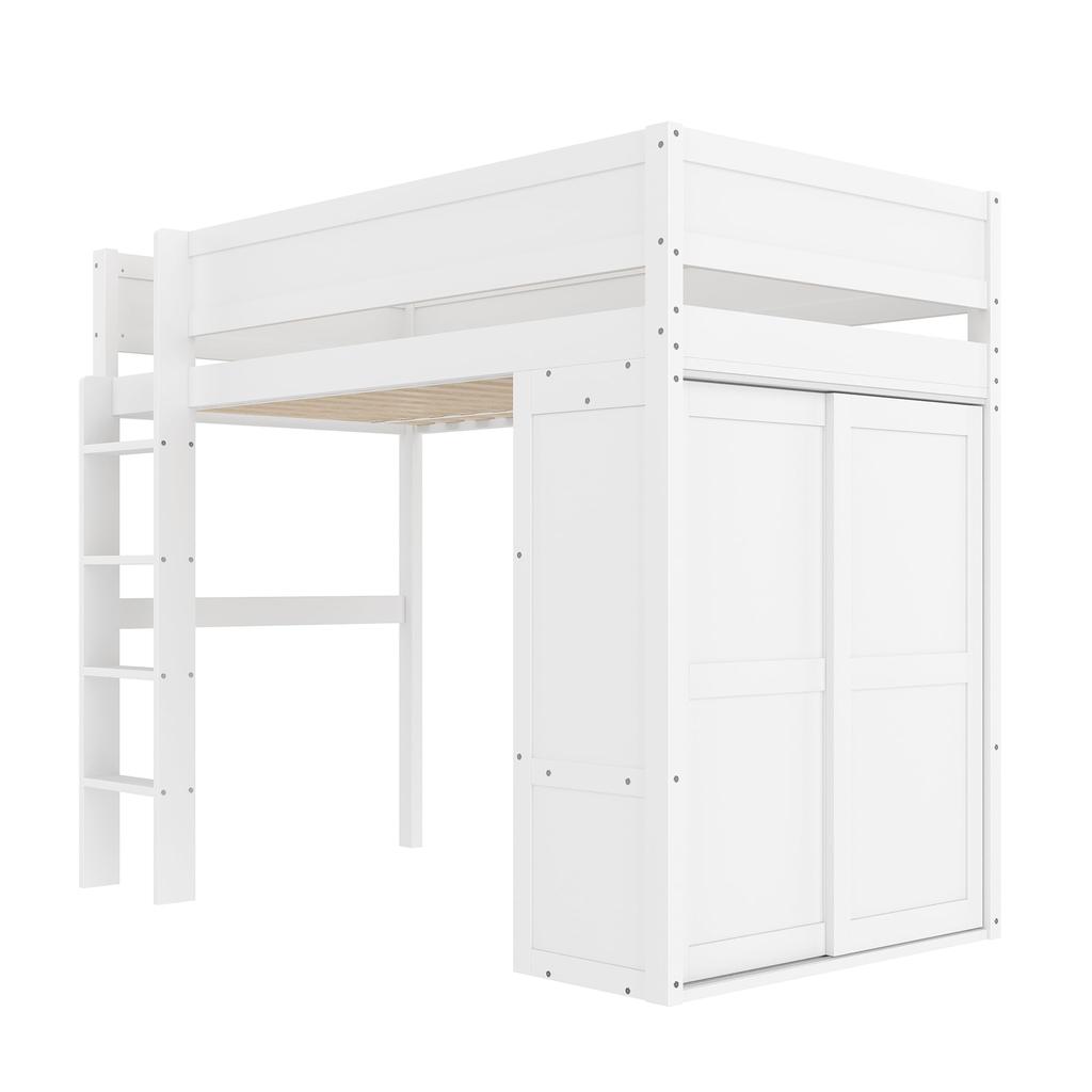 Children's Bed Loft Bed 90x200 Cm Wardrobe Storage Compartment Open Underbed Space Pine Wood Bed Frame Slat Base White