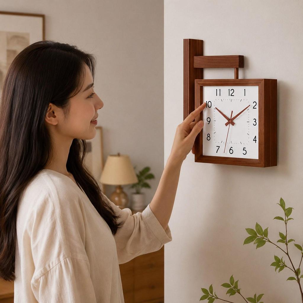 Holz Quadratische Uhr, Modern Kreatives Design Tickenlos Doppelseitige Uhr, Wanduhr für Hotel
