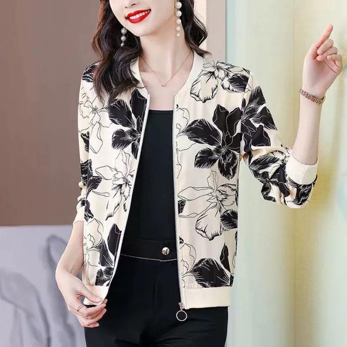 Chiffon Short Jacket Women's Long-sleeved Spring and Autumn Loose Cardigan Jacket Sunscreen Zipper Top Summer