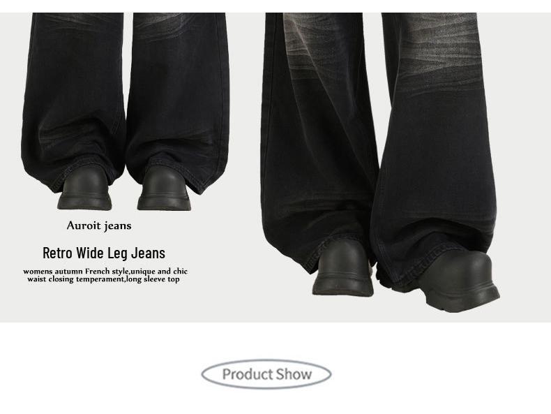 Dámské retro černé a šedé džíny se širokými nohavicemi s designem puku pro podzim 2025