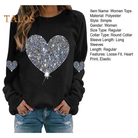 Women Tops Round Neck Long Sleeve Tee Shirt Shiny Sequins Heart Print Sweatshirt Spring Autumn Daily Wear