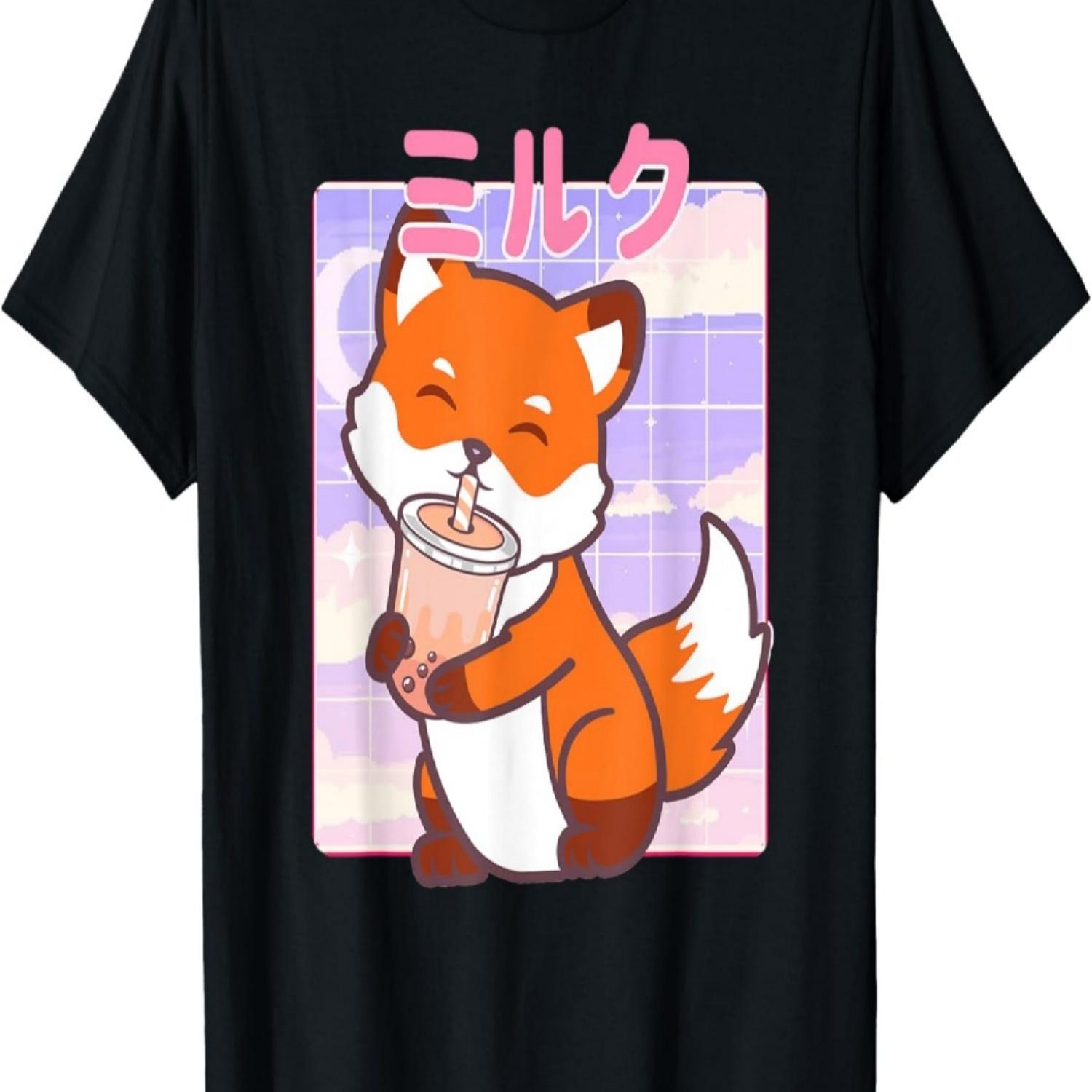 Cute Fox Boba Tea Bubble Kawaii Aesthetic Cherry Blossoms T-Shirt S