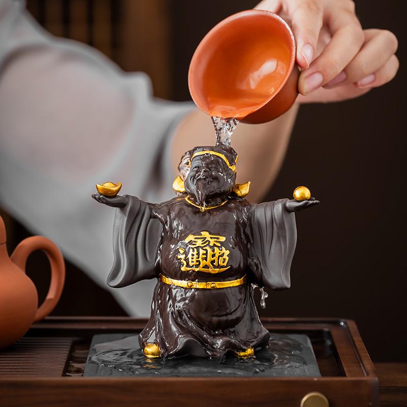 Zisha God of Wealth Tea Pet Figurine - Attracts Wealth & Treasure, Decorates Tea Table, and Grows with Tea; Includes Lid Holder Accessory