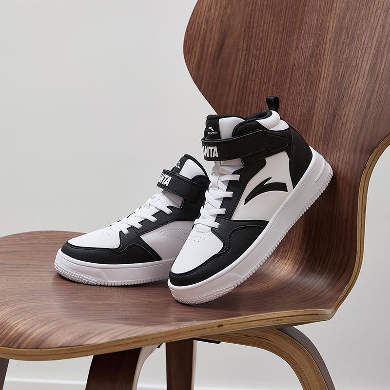 Anta Kids Synthetic Leather Fashion Versatile Lightweight Shock Absorbing High Top Kids Skate Shoes Men Skate Shoes Black White A12438004-5