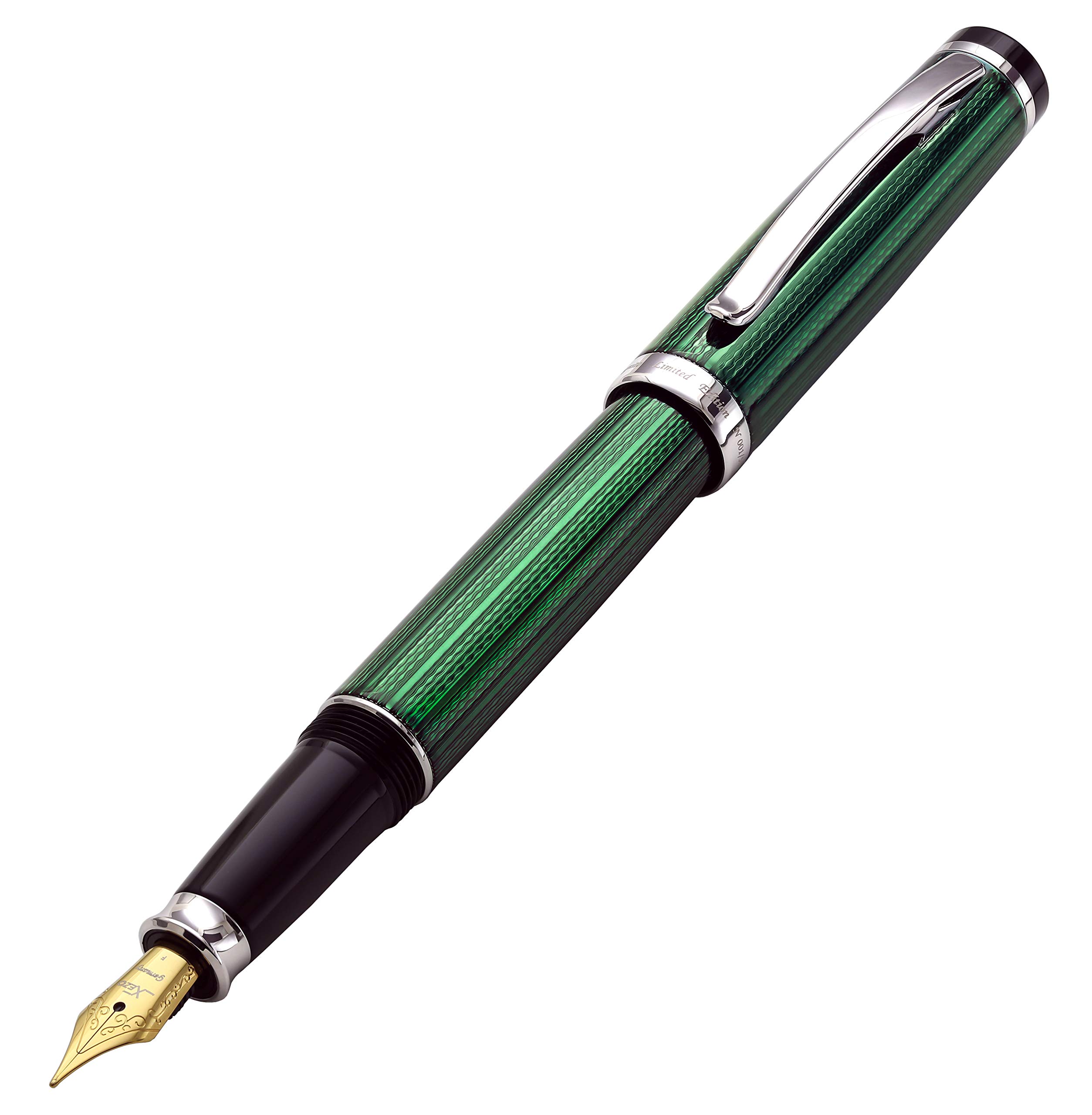 

Xezo Incognito Fountain Pen Fine Nib Forest Green Layered Rucker Pure Platinum Handcrafted Guilloche Limited Edition Series Plated. & Engraved.
