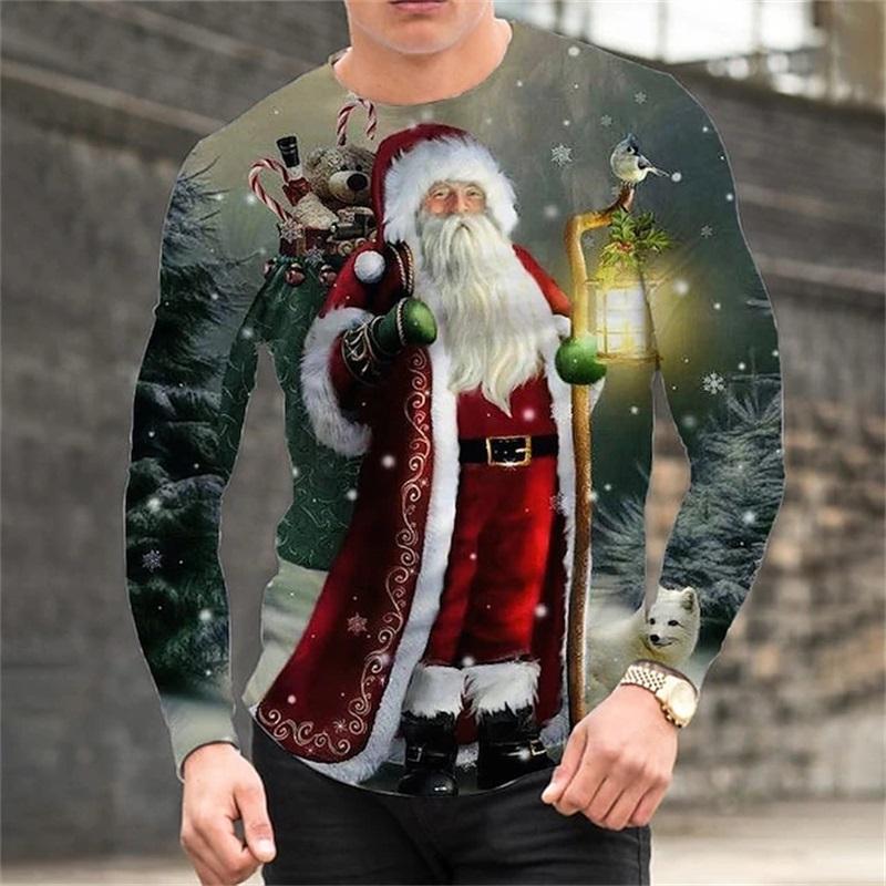 Christmas Men's Santa Claus Graphic Long Sleeve T Shirt Crew Neck Casual Tee Shirt New In Sports Tshirts For Men