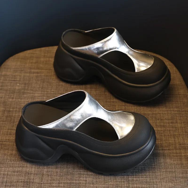 

Fashion 9CM Synthetic Microfiber Leather Women Sandals Summer Hollow Bling Vulcanize Slipper Platform Wedge Flats Chunky Sneakers Shoes 34 серебряный