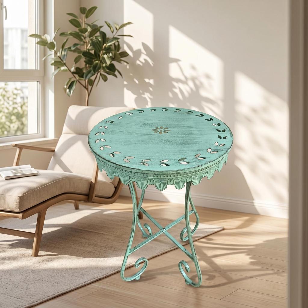 Round Side Table VintageStyle with Cutout Pattern Distressed Plant Stand for Patio, Balcony,