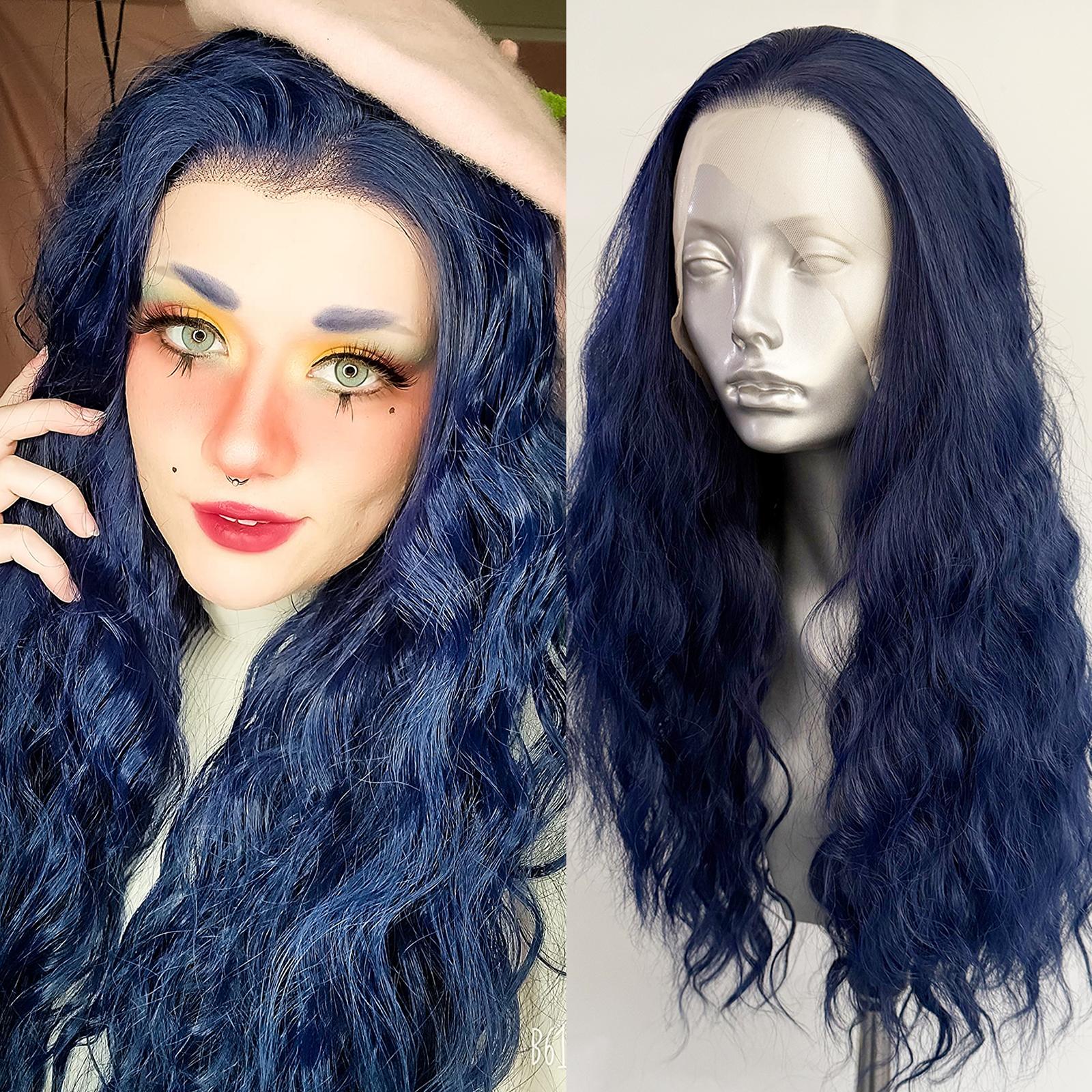 AIMEYA Dark Blue Long Loose Curly Wave Synthetic Lace Front Wigs for Women Free Part Pre Plucked Natural Hairline Cosplay Wigs (Dark Blue,18inches) темно-синий
