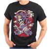 T-shirt à col rond pour femme ou homme - Masque de Geisha Os Squelette Fleur Traditionnel