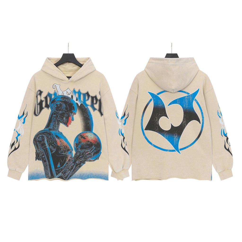 God Bless America Retro Rock Street Print Washed Hoodie - Casual Loose Fit