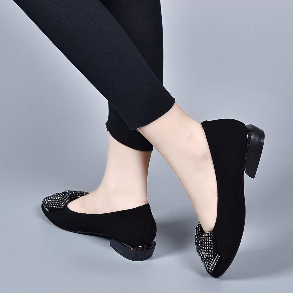 Single shoes women's early autumn new round head shallow mouth flats black sheepskin bow rhinestones