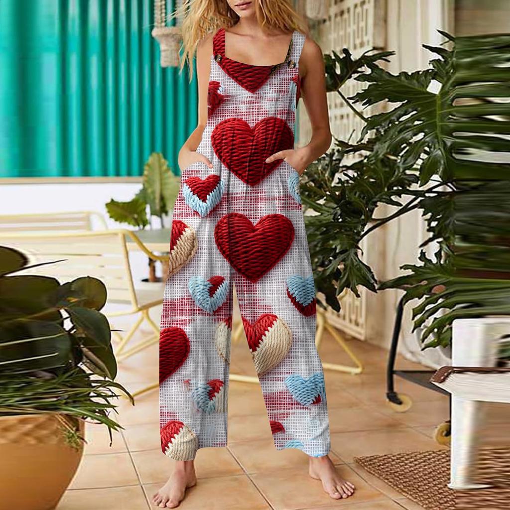 Damen Casual Jumpsuit Valentinstag Herzbedruckter Baumwolljumpsuit