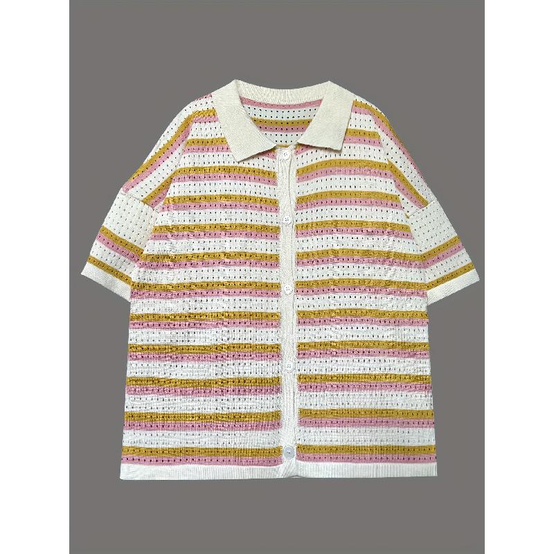 New Spring/Summer Women's Knit Color-Block Turn-Down Collar Striped Short-Sleeve Shorts Set