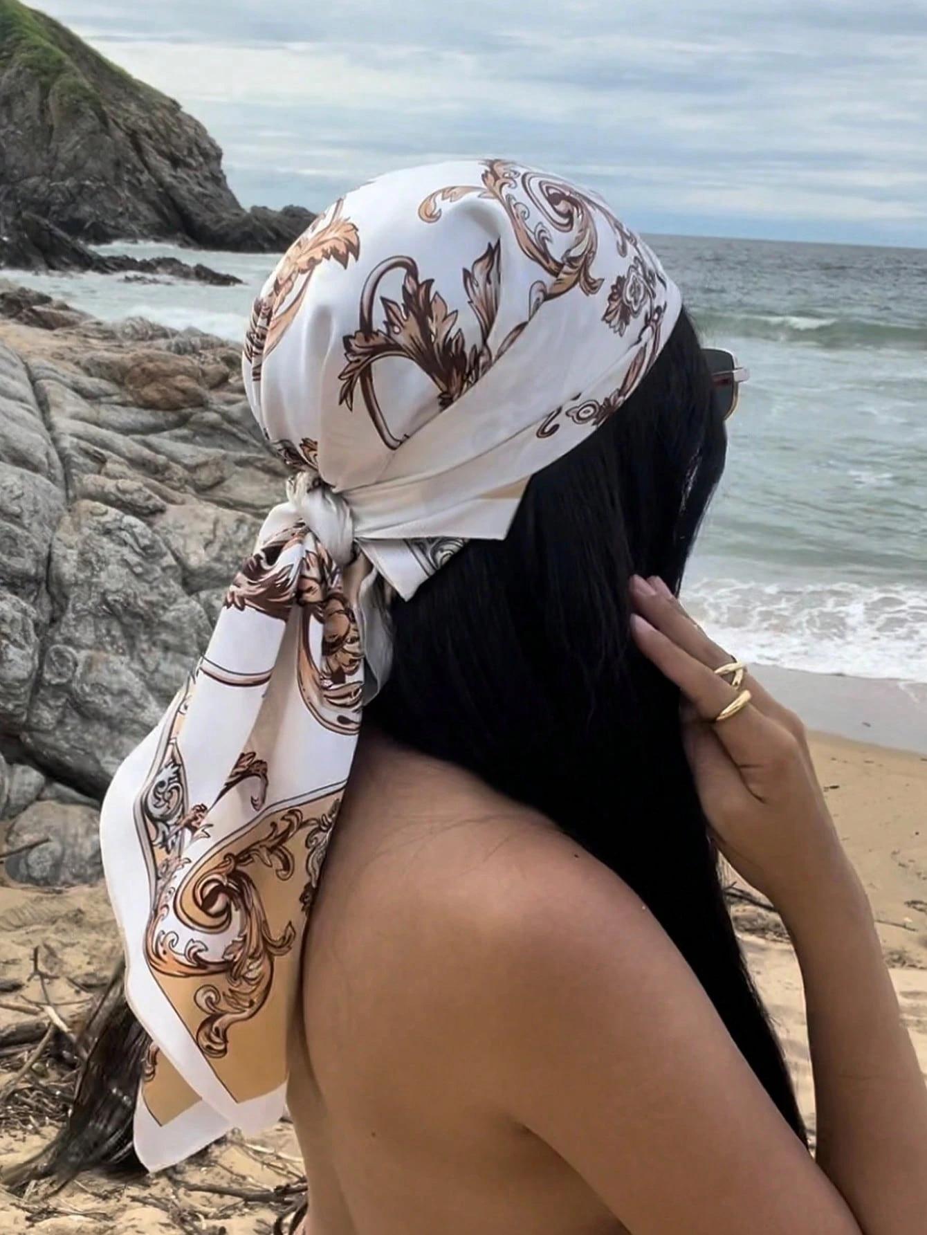 

2025 Satin Square Scarf Women Muslim Hijab Elegant Print Silk Neckerchief Shawl Wraps Headband Handle Hair Accessories Bandana 90x90cm