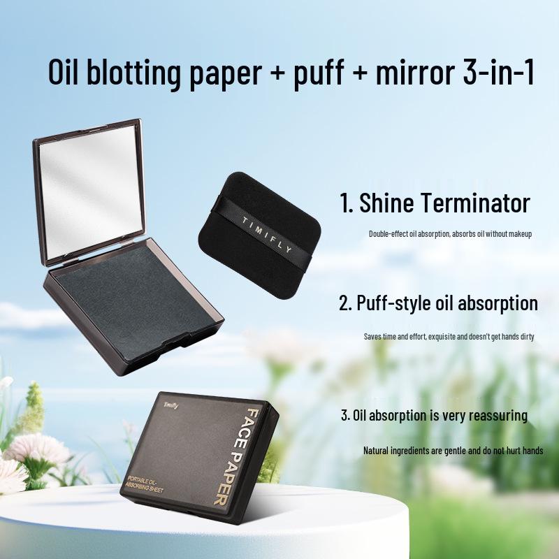 Oil Blotting Paper with Powder Puff & Mirror - Portable and Refreshing, 100 Sheets