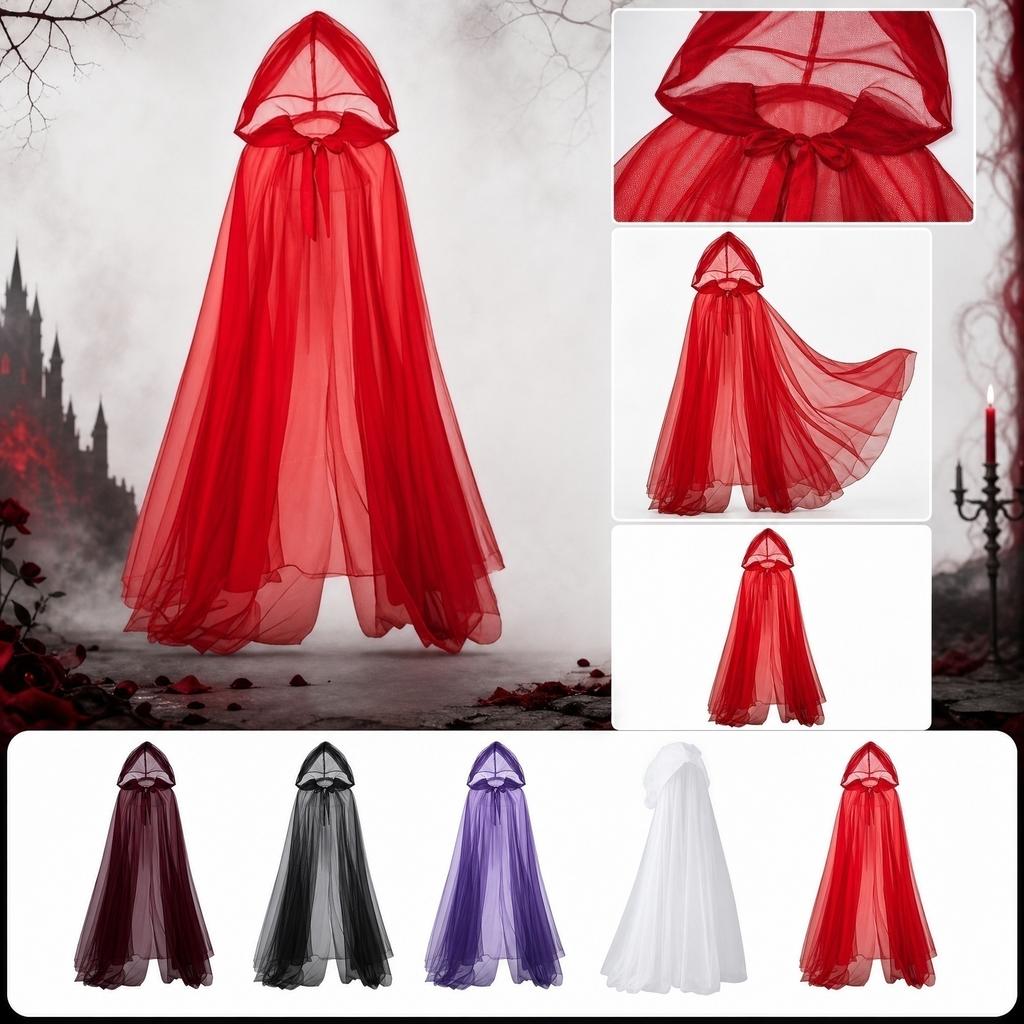 Halloween Long Hooded Net Cape for Women, Cosplay Costume Cloak, Dark Cloak