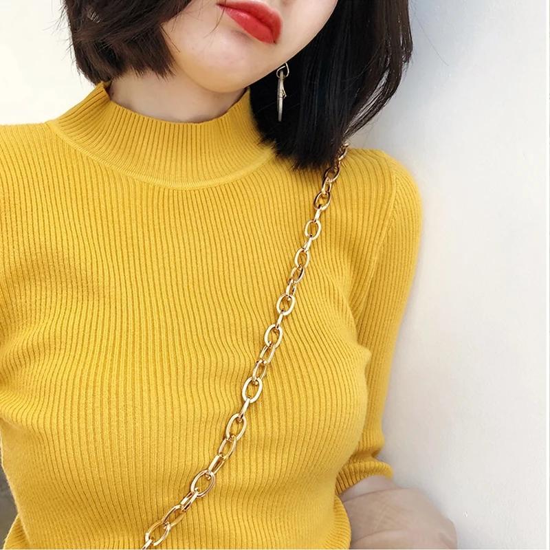 Suéteres de manga larga de otoño para mujer, suéteres de punto de cuello medio alto, prendas de punto casuales para mujer, tops de color sólido, ropa de invierno ajustada 27972