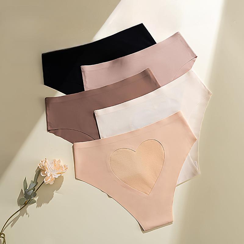 Girls' Transparent Mesh Sexy Big Heart Hollowed-out Panties with Briefs for Ladies with Low Waist Ice Silk Underwear