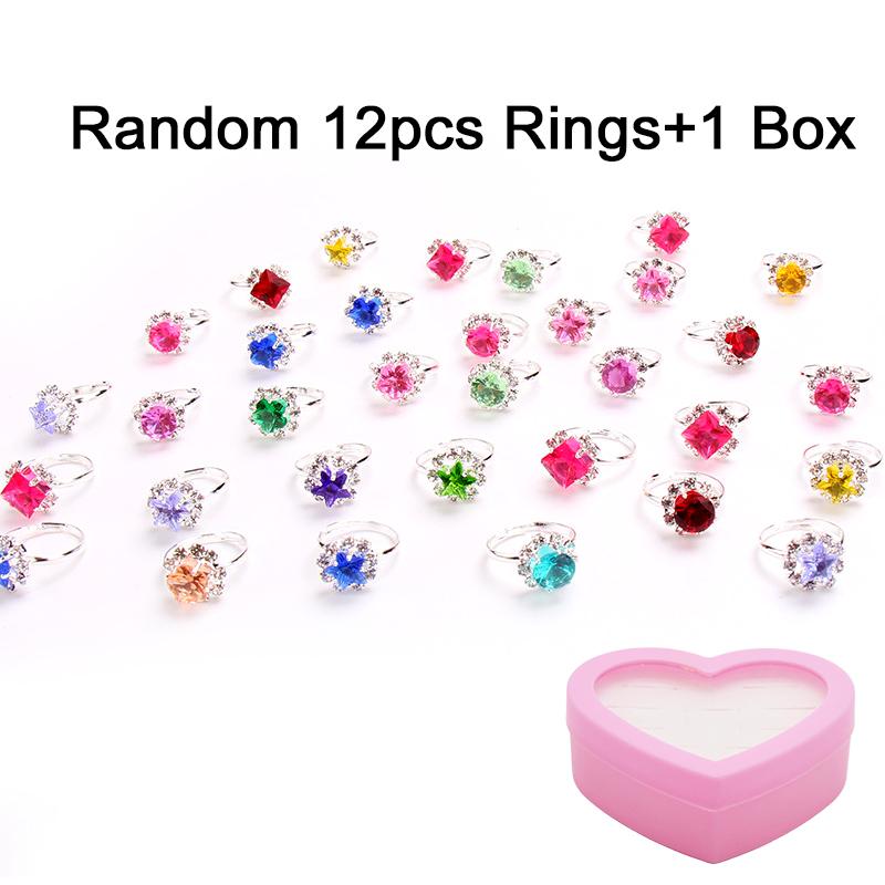 12pcs Children Rings Heart Shaped Box Cartoon Jewelry Adjustable Opening Girls Birthday Gifts Beauty Toys Pretend Play TMZ