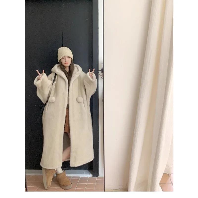 Imitation Mink Fur Hooded Jacket Women Thickened Coat Winter Plush Soft Loose Long Eco-friendly Coat Female Clothes