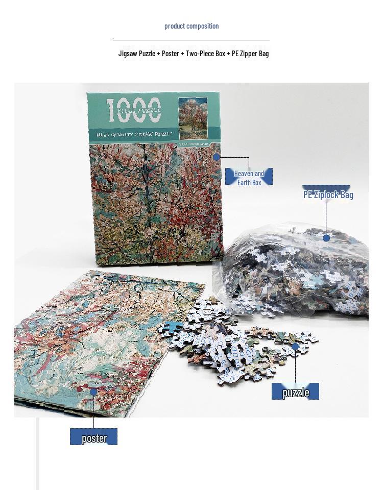 1,000-Piece High-Difficulty Jigsaw Puzzle for Adults - Stress Relief and Boredom Buster Featuring Famous Van Gogh Oil Paintings.