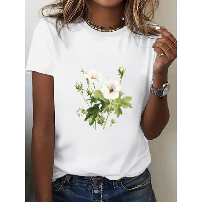 Short sleeved T-shirt with printed European and American plant flowers