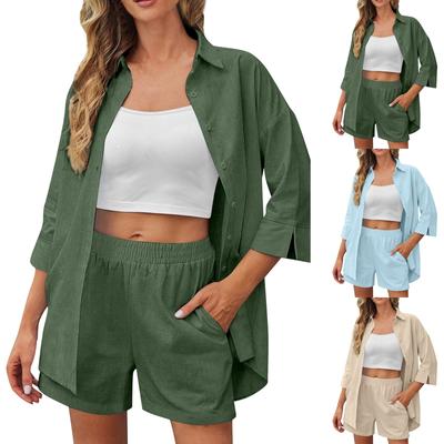 Conjunto de shorts de manga curta feminino casual, moderno, sexy, confortável, respirável e descolado de cor sólida