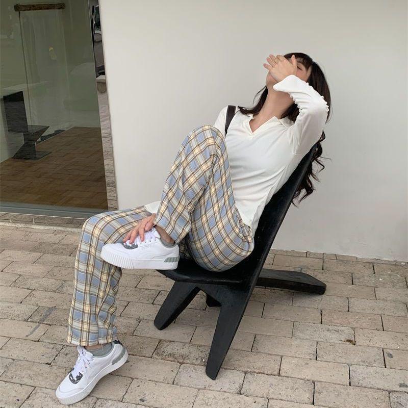 Spodnie zimowe w kratę z podszewką z polaru w panterkę, z wysokim stanem i szerokimi nogawkami