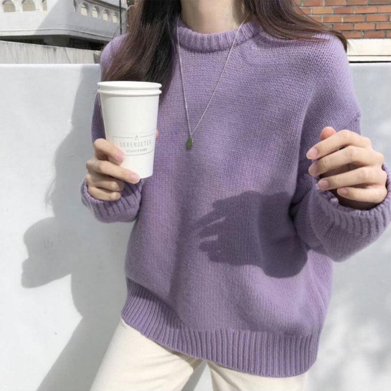 Korean Sweater Women's Loose Knit Sweater Lazy Style Pullover Sweater Round Neck Sweater Autumn and Winter