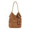 Bolso Tejido Hecho a Mano para Mujer, Bolso Sencillo de Viaje para Playa, Bolso de Hombro Único de Color Sólido con Cuentas Huecas y Borla