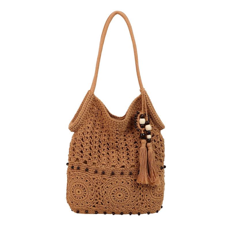 Bolso Tejido Hecho a Mano para Mujer, Bolso Sencillo de Viaje para Playa, Bolso de Hombro Único de Color Sólido con Cuentas Huecas y Borla